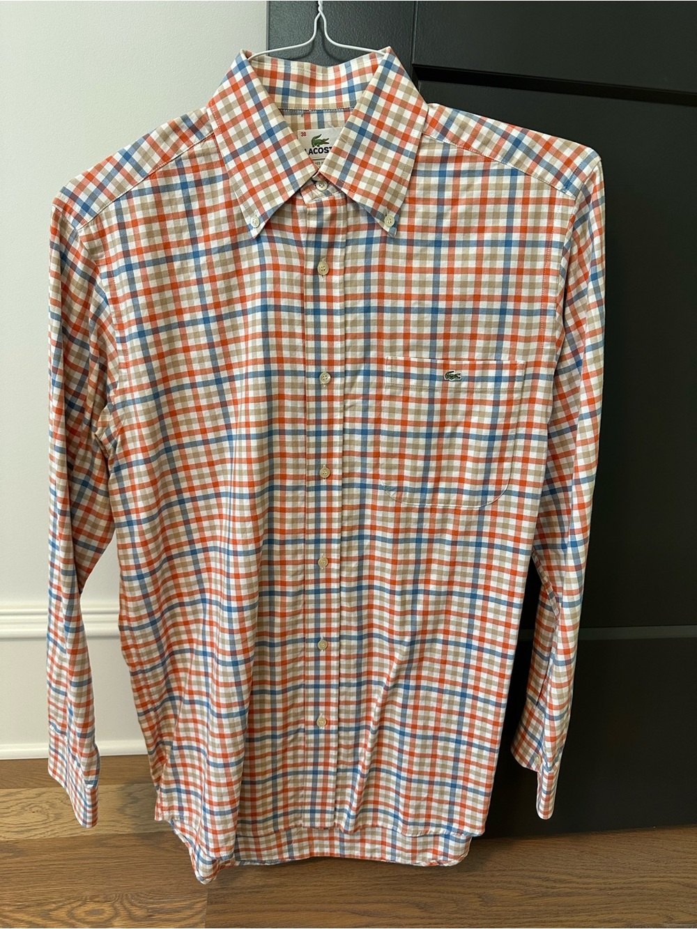 Lacoste Men's Button-Down Small Plaid Shirt in White, Orange & Blue